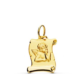 9K MEDALLA ORO AMARILLO COLGANTE PERGAMINO ANGELITO BURLON, 16X12 MM