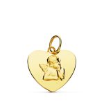 18K COLGANTE ORO AMARILLO CORAZON BRILLO Y ANGELITO BURLON, 14 MM