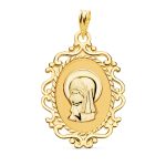 18K MEDALLA ORO AMARILLO VIRGEN NIÑA PERFIL CERCO CALADO BRILLO, 23 X 16 MM