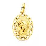 18K MEDALLA ORO AMARILLO VIRGEN NIÑA OVAL CERCO CALADO 23X14 MM