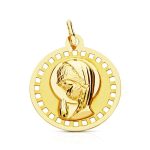 18K MEDALLA ORO AMARILLO VIRGEN NIÑA REDONDA CALADA 18 MM