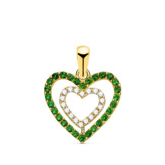 18K COLGANTE ORO AMARILLO CORAZONES CON CIRCONITA VERDES Y BLANCAS 15 X 14MM