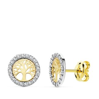 18K PENDIENTES ARBOL DE LA VIDA ORO BICOLOR 8 MM CIERRE PRESION