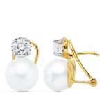 18K PENDIENTES BICOLOR PERLA BOTON 9,5 MM CIERRE OMEGA