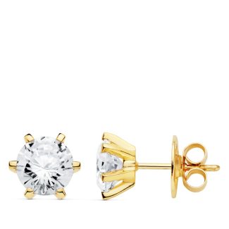 18K PENDIENTES ORO AMARILLO 6 GARRAS CIRCONITA 8X8 MM CIERRE PRESION
