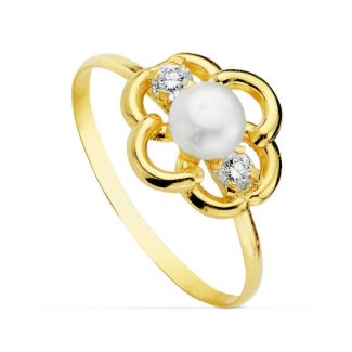 18K SORTIJA ORO AMARILLO MOTIVO CON PERLA 4MM Y CIRCONITAS, ANCHO: 9,5 MM