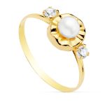 18K SORTIJA ORO AMARILLO CON CIRCONITAS Y PERLA DE 4 MM, ANCHO: 7 MM