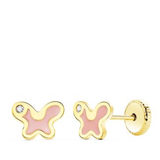 18K PENDIENTES ORO AMARILLO MARIPOSA ESMALTE ROSA 7X5 MM CIERRE TUERCA
