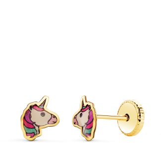 18K PENDIENTES ORO AMARILLO UNICORNIOS ESMALTE CIERRE TUERCA 6 X 5,5 MM