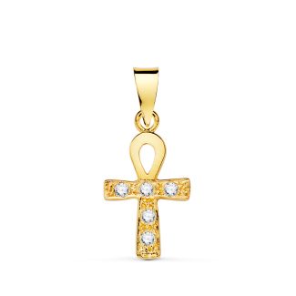 18K CRUZ DE LA VIDA ORO AMARILLO CON CIRCONITA BLANCAS, 14 X 10 MM