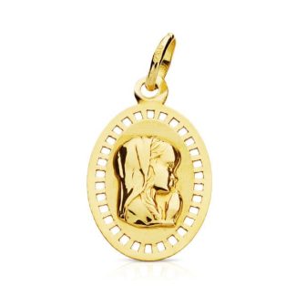 9K MEDALLA ORO AMARILLO VIRGEN NIÑA CERCO CALADO 19X12 MM