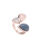 ANILLO ABIERTO DE PLATA CON CUARZO AZUL, CUARZO ROSA Y CALCEDONIA TALLA PERILLA