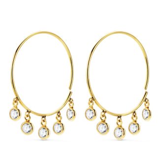 18K AROS ORO AMARILLO HILO DE 20 MM CON 5 COLGANTES CIRCONITA BLANCAS