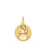 9K MEDALLA ORO AMARILLO REDONDA ANGELITO BURLON CON RELOJ BRILLO Y MATE 15 MM