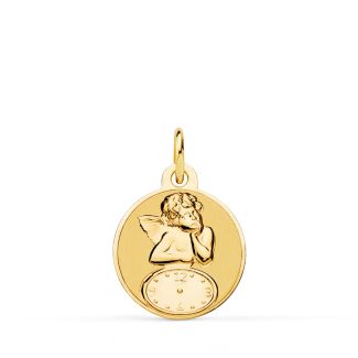 9K MEDALLA ORO AMARILLO REDONDA ANGELITO BURLON CON RELOJ BRILLO Y MATE 15 MM