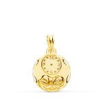 18K MEDALLA ORO AMARILLO REDONDA NIÑO DE LA HORA CON RELOJ TALLADA 15 MM