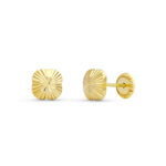 18K PENDIENTES ORO AMARILLO FLOR TALLADAS, 6X6 MM CIERRE TUERCA