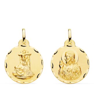 18K MEDALLA ORO AMARILLO ESCAPULARIO ORO AMARILLO VIRGEN DE LAS ANGUSTIAS Y CORAZON DE JESUS TALLADA 20 MM