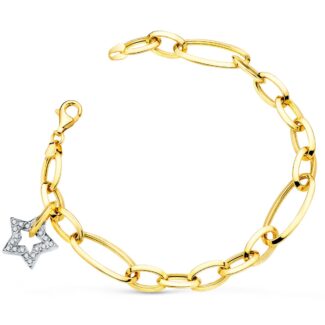 18K PULSERA ORO BICOLOR ESLABONES CON COLGANTE ESTRELLA CIRCONITA 15 MM 20CM