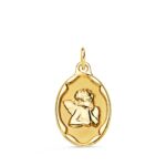 18K MEDALLA ORO AMARILLO OVAL ANGELITO BURLON BRILLO CON CERCO BRILLO 17X13 MM