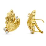 18K PENDIENTES ORO AMARILLO HOJAS LAPIDADOS 20X14 MM CIERRE CATALÁN