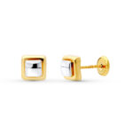 18K PENDIENTES ORO BICOLOR CUADRADO 6X6 MM, CIERRE TUERCA