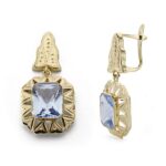 18K PENDIENTES CUBANAS 2 CUERPOS ORO AMARILLO PIEDRA RECTANGULAR CIERRE CATALAN