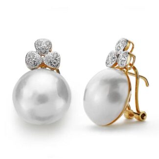 18K PENDIENTES ORO AMARILLO PERLA JAPONESA 14 MM CIERRE OMEGA