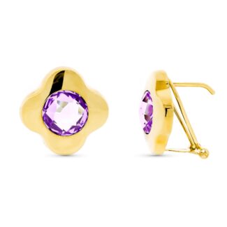 18K PENDIENTES ORO AMARILLO PIEDRA 8 MM AMATISTA 15 MM CIERRE OMEGA
