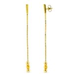 18K PENDIENTES ORO AMARILLO CON CADENA BARRA Y 3 BOLAS, CIERRE PRESION