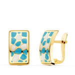 18K PENDIENTES ORO AMARILLO ESMALTE AZUL Y BLANCO, 14 X 9 MM, CIERRE CATALAN