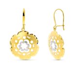 18K PENDIENTES ORO BICOLOR LARGOS FLOR, CIERRE GANCHO