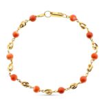 18K PULSERA ORO AMARILLO CON JAULAS Y CORAL FINO JAPONES 5 MM 20CM