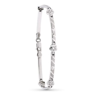 18K PULSERA ORO BLANCO MATE Y BARRAS Y FLORES 18,5 CM