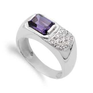 18K SORTIJA ORO BLANCO CON AMATISTA Y CIRCONITAS, ANCHO: 8 MM