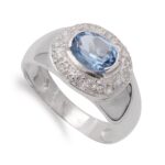 18K SORTIJA ORO BLANCO PIEDRA COLOR AGUAMARINA Y CIRCONITAS, ANCHO: 13 MM