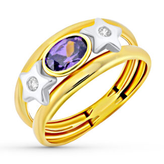 18K SORTIJA ORO BICOLOR DOBLE CUERPO CON ESTRELLAS Y CIRCONITA OVAL AMATISTA, ANCHO: 9 MM