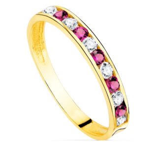 18K SORTIJA ORO AMARILLO CIRCONITA ROJAS Y BLANCAS, ANCHO CUERPO 2,5 MM