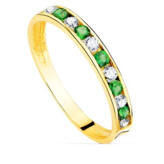 18K SORTIJA ORO AMARILLO CIRCONITA VERDES Y BLANCAS, ANCHO CUERPO 2,5 MM