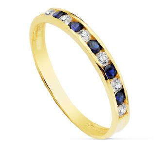 18K SORTIJA ORO AMARILLO CIRCONITA AZULES Y BLANCAS, ANCHO CUERPO 2,5 MM