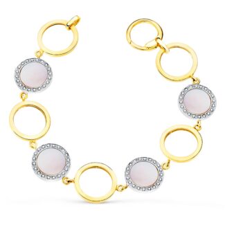 18K PULSERA ORO BICOLOR CIRCULOS CALADOS 16 MM Y NACAR ROSA 20CM