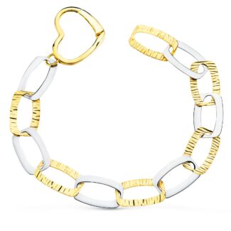 18K PULSERA ORO BICOLOR ESLABONES Y CIERRE CORAZON ANCHO 20 MM LARGO 22 CM