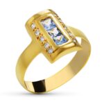 18K SORTIJA ORO AMARILLO LANZADERA CON CIRCONITA AZULES, ANCHO: 14 MM