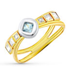 18K SORTIJA ORO BICOLOR DOBLE CUERPO CHATON CON CIRCONITA AGUAMARINA Y CUADRADAS, ANCHO: 6,5 MM