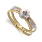 18K SORTIJA ORO BICOLOR DOBLE CUERPO CON CRUZ Y CIRCONITA AGUAMARINA, ANCHO: 6,5 MM