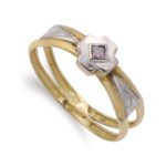 18K SORTIJA ORO BICOLOR DOBLE CUERPO CON CRUZ Y CIRCONITA AMATISTA, ANCHO: 6,5 MM