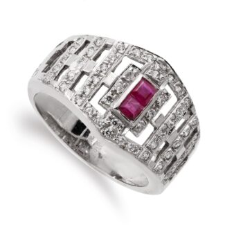 18K SORTIJA ORO BLANCO CON CIRCONITA Y RUBI, ANCHO 13 MM