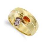 18K SORTIJA ORO AMARILLO DOS PIEDRAS AMATISTA Y NARANJA, ANCHO: 9 MM