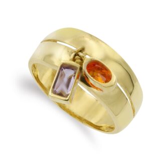 18K SORTIJA ORO AMARILLO DOS PIEDRAS AMATISTA Y NARANJA, ANCHO: 9 MM
