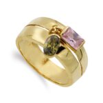 18K SORTIJA ORO AMARILLO DOS PIEDRAS ROSA Y VERDE, ANCHO: 9 MM
